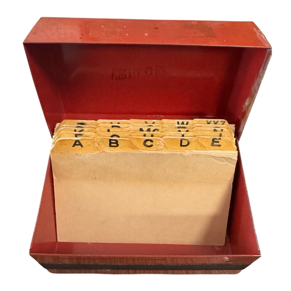 Vintage Mid Century Red Metal Hinged Box & Index Cards~For Addresses, Recipes